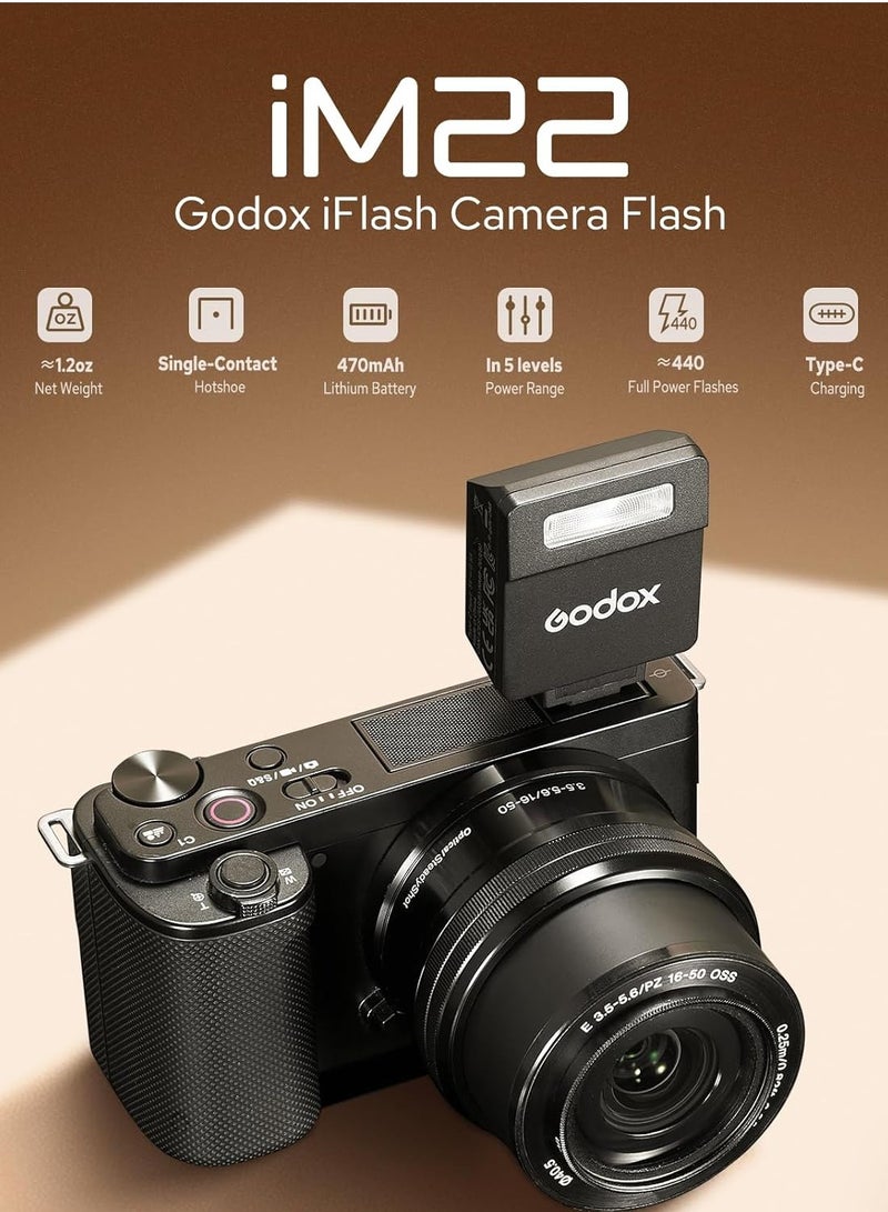 iM22 Mini Camera Flash, 470 mAh Battery, 5 Power Levels, 3s Recycle Times, 440 Full Power Flashes, Manual Flash Compatible with Fuji/Canon/Sony/Nikon//Panasonic/Olympus - Image 3