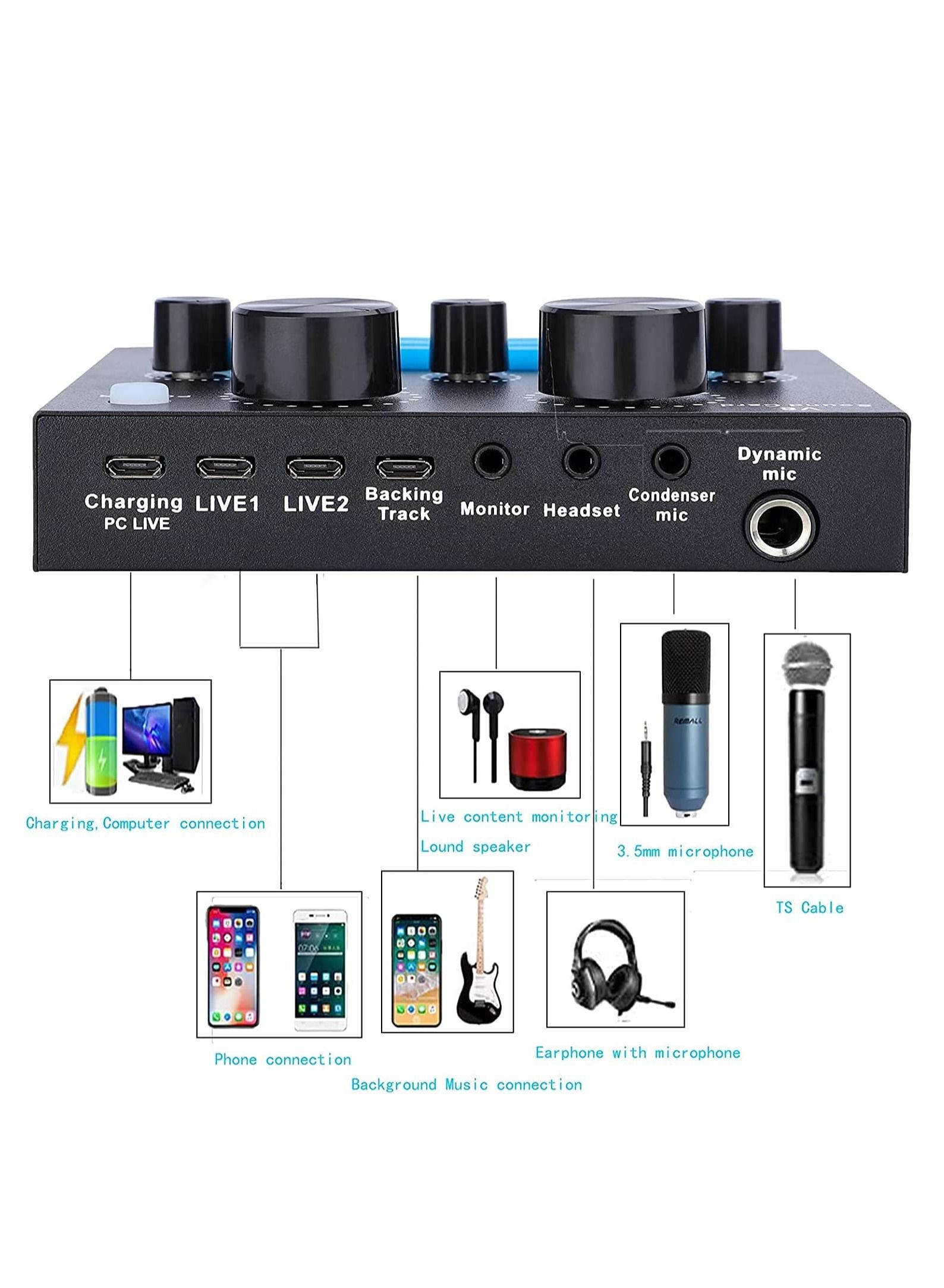 V8-Live Sound Card,USB External V8 Karaoke Recording Mobile Audio Mixer,Audio Live Broadcast KTV Sound Card for Live Broadcast, K Songs,Recording,Voice Chatting 