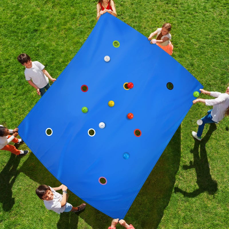 Kathfly Blue Hole Tarp Team Building Game 98 x 70 Inch Learning Fun Team Building Games for Work with 8 Pcs Team Building Ball for Teamwork Group - Image 1
