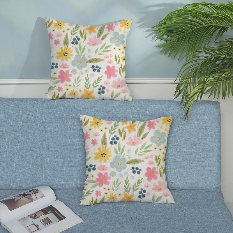 GOLIANDA Spring Pillow Covers 18x18 Set of 2, Watercolor Yellow Pink Blue Flowers Throw Pillows Summer Spring Floral Leaf Print Decor Pillowcase Farmhouse Outdoor Decorations Cushion Case for Couch Home - Image 3