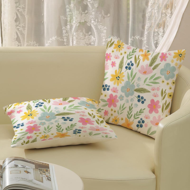 GOLIANDA Spring Pillow Covers 18x18 Set of 2, Watercolor Yellow Pink Blue Flowers Throw Pillows Summer Spring Floral Leaf Print Decor Pillowcase Farmhouse Outdoor Decorations Cushion Case for Couch Home - Image 4