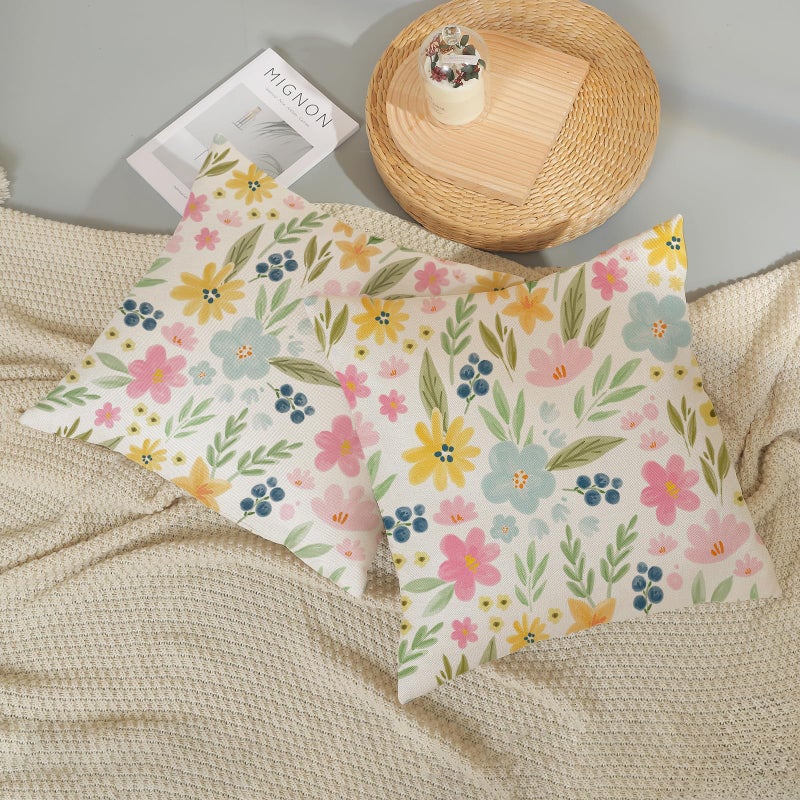 GOLIANDA Spring Pillow Covers 18x18 Set of 2, Watercolor Yellow Pink Blue Flowers Throw Pillows Summer Spring Floral Leaf Print Decor Pillowcase Farmhouse Outdoor Decorations Cushion Case for Couch Home - Image 5