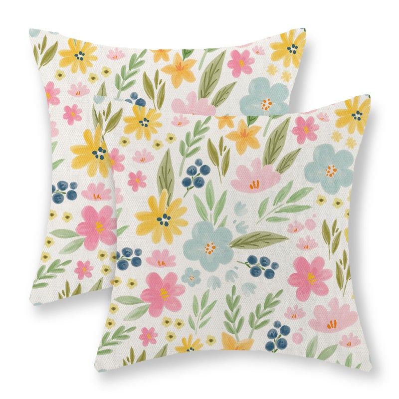 GOLIANDA Spring Pillow Covers 18x18 Set of 2, Watercolor Yellow Pink Blue Flowers Throw Pillows Summer Spring Floral Leaf Print Decor Pillowcase Farmhouse Outdoor Decorations Cushion Case for Couch Home - Image 1