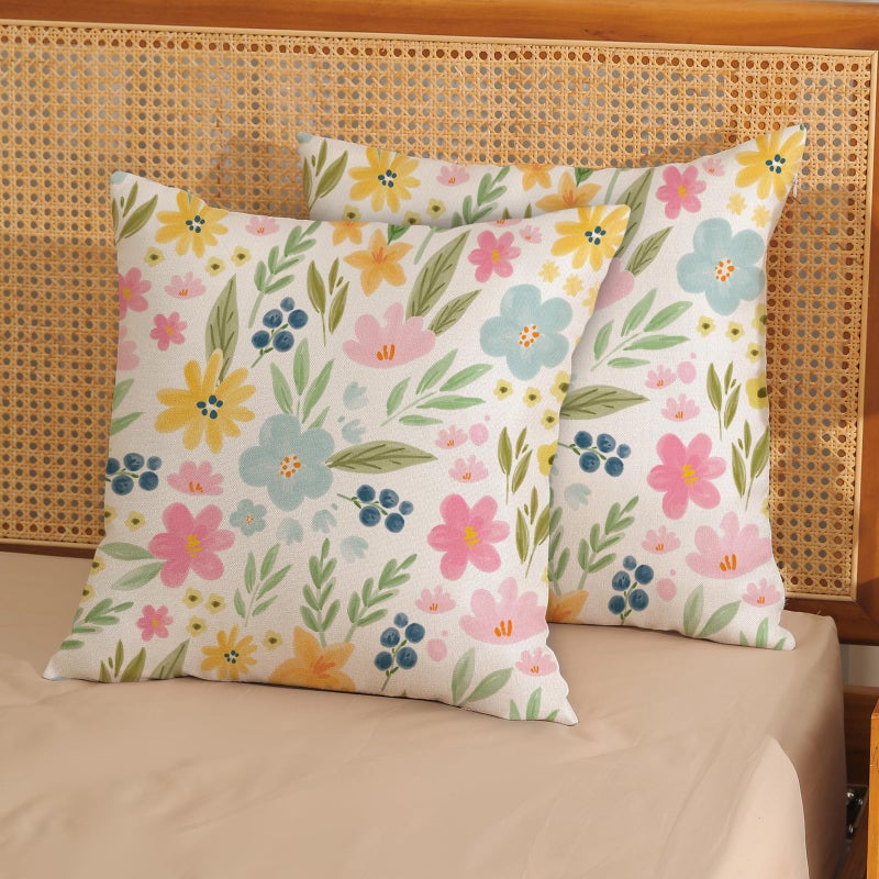 GOLIANDA Spring Pillow Covers 18x18 Set of 2, Watercolor Yellow Pink Blue Flowers Throw Pillows Summer Spring Floral Leaf Print Decor Pillowcase Farmhouse Outdoor Decorations Cushion Case for Couch Home - Image 2