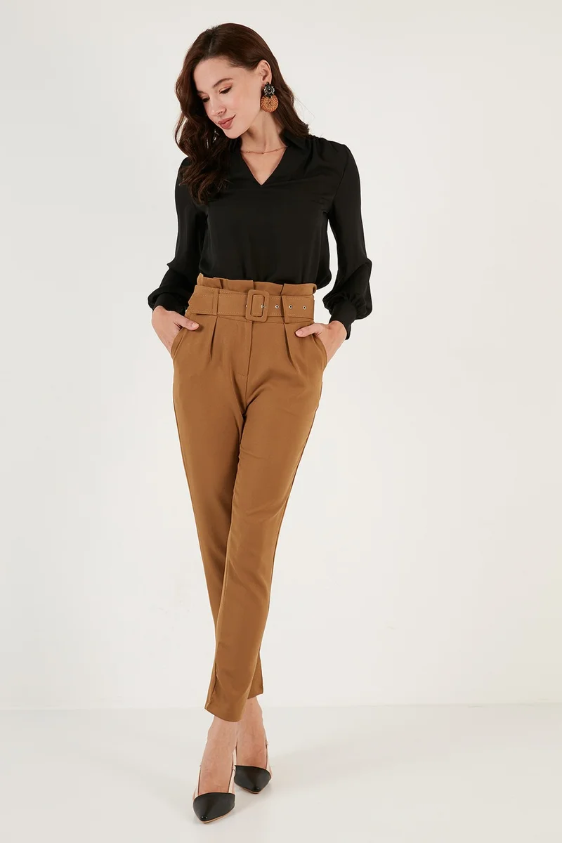 Lela High Waist Pocket Belted Regular Fit Fabric Trousers Women's Trousers 611PL04