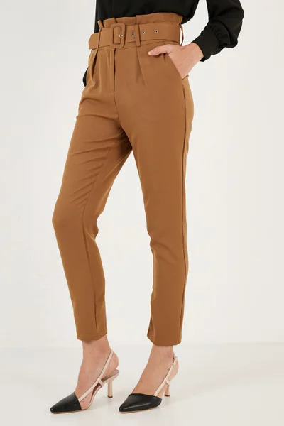 Lela High Waist Pocket Belted Regular Fit Fabric Trousers Women's Trousers 611PL04