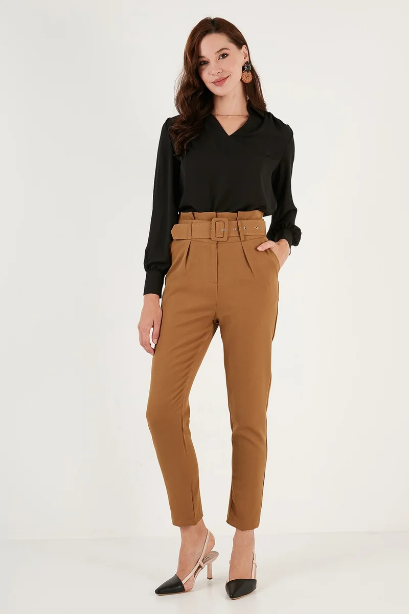 Lela High Waist Pocket Belted Regular Fit Fabric Trousers Women's Trousers 611PL04