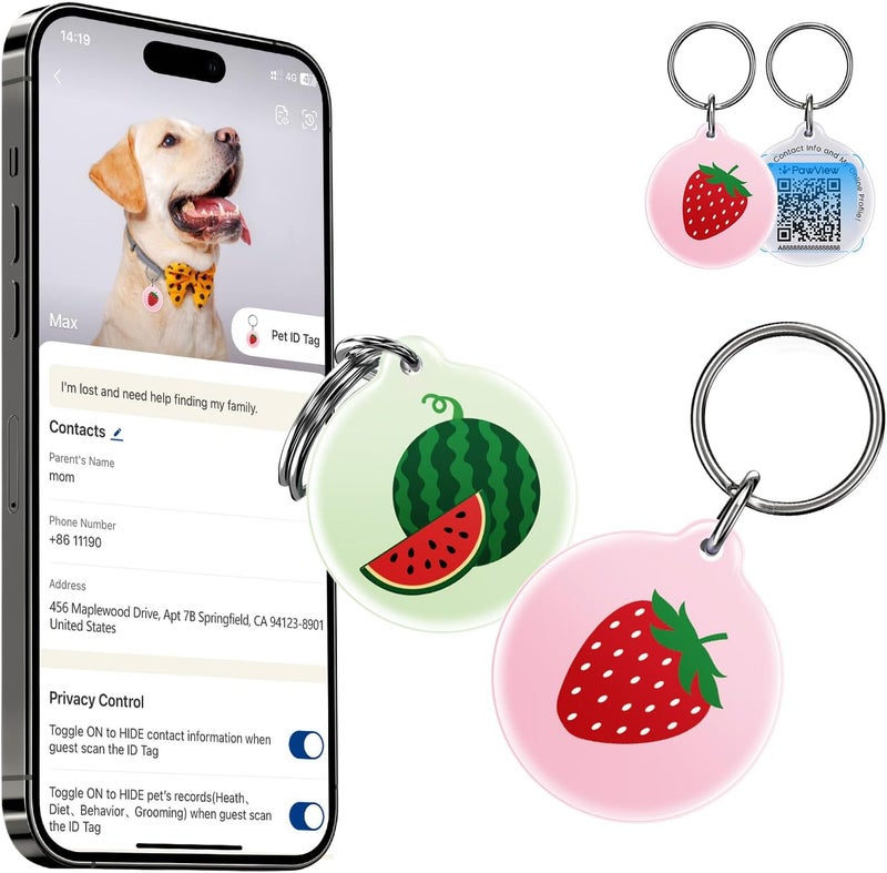 PawView [2-Pack] QR Code Pet ID Tags for Dogs & Cats – Cute Fruit Designs, Waterproof Smart Dog Tags Personalized, Scan QR for Instant Location Alert, Emergency Contact and Modifiable Pet Profile - Image 1