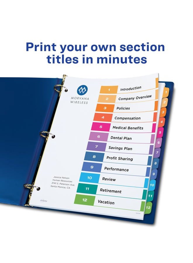 AVERY Avery 12 Tab Dividers for 3 Ring Binders, Customizable Table of Contents, Multicolor Tabs, 6 Sets (11196) - Image 2