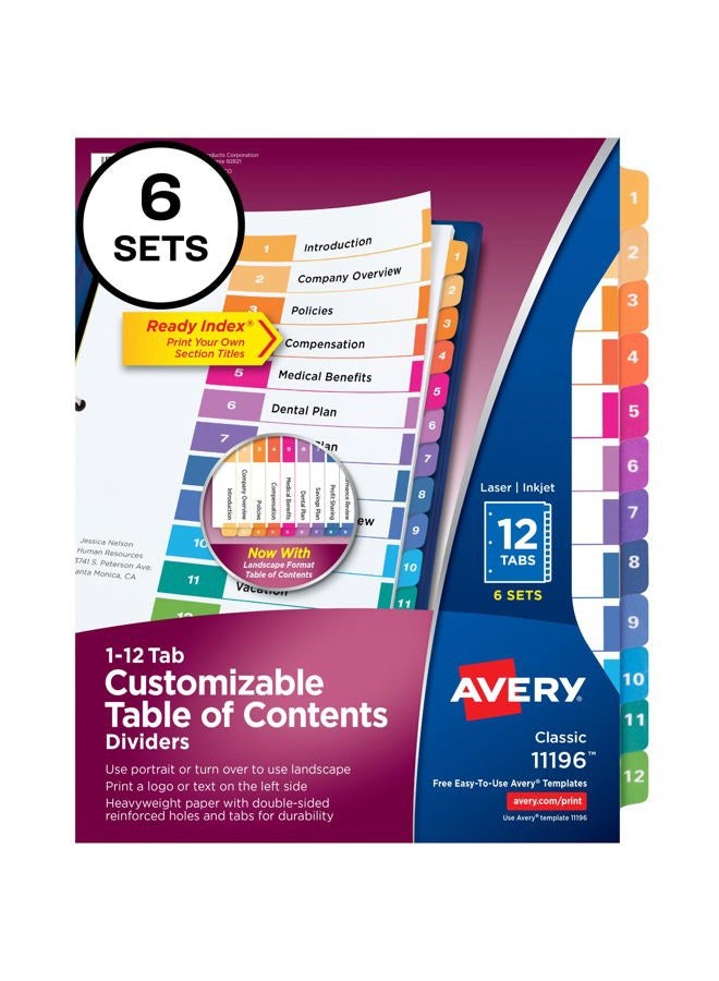 AVERY Avery 12 Tab Dividers for 3 Ring Binders, Customizable Table of Contents, Multicolor Tabs, 6 Sets (11196) - Image 1