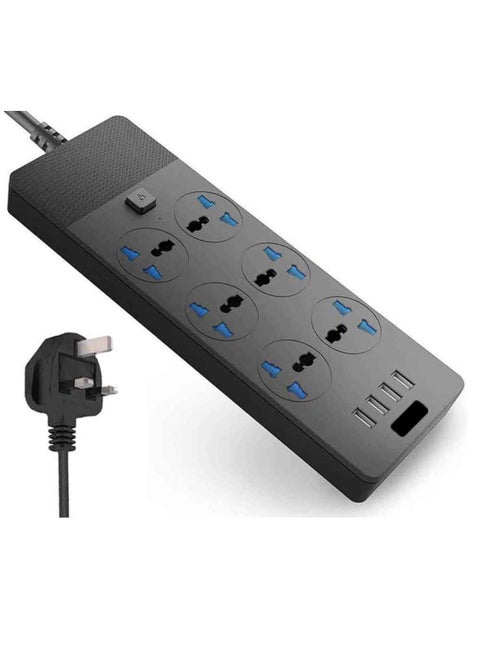 Power Strips Extension Cord 6 Outlets, Universal Plug Adapter with 4 USB Ports Surge Protector, T12 Charging Socket with 2M Bold Extension Cord (Black)