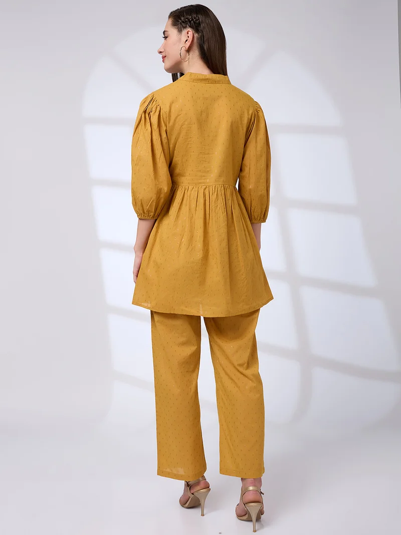 globus Women V-Neck Bishop Sleeves Lurex Detail Tunic With Straight Pants Workwear Co-Ords Set