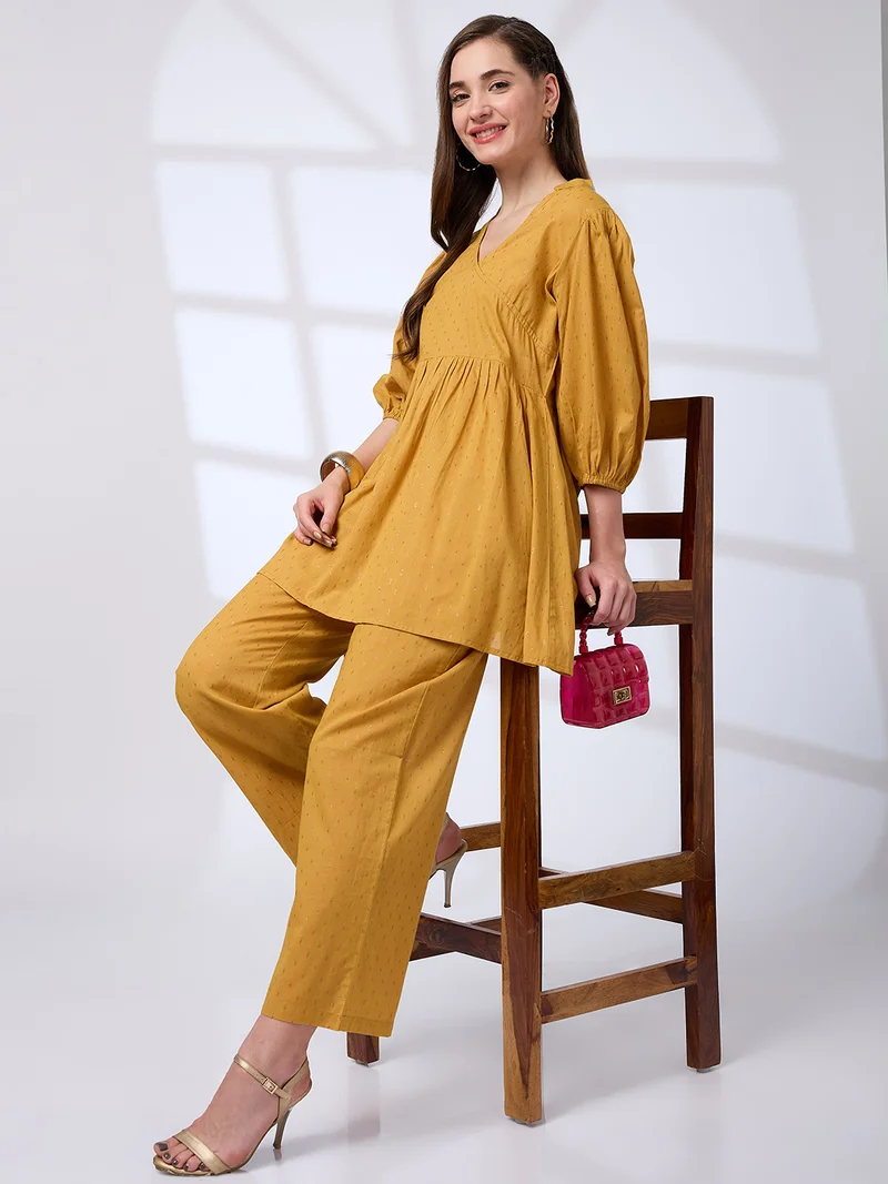 globus Globus Women V-Neck Bishop Sleeves Lurex Detail Tunic With Straight Pants Workwear Co-Ords Set