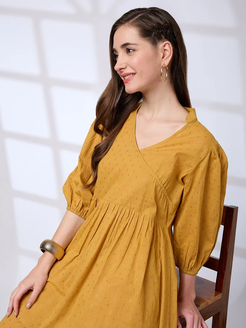 globus Women V-Neck Bishop Sleeves Lurex Detail Tunic With Straight Pants Workwear Co-Ords Set