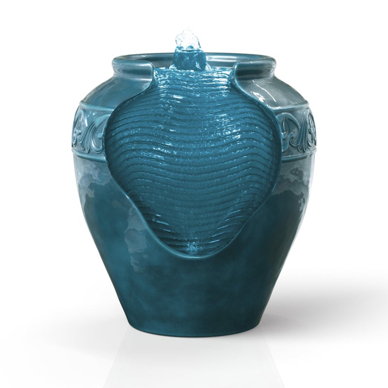 Teamson Home Teamson Home Floor Glazed Pot Water Fountain with Builtin LED Light and Pump for Outdoor Indoor Patio Garden Backyard Decking Home Dcor 17 inch Height Teal 
