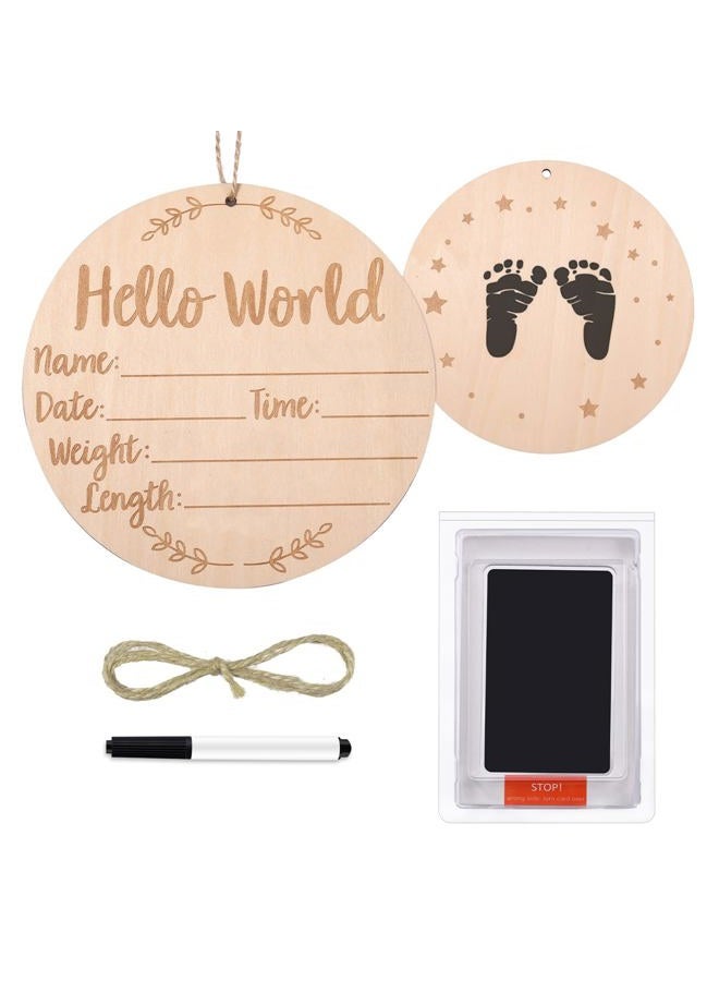 SAVITA Baby Announcement Sign, 5.9 inch Double Side Wooden Birth Announcement Sign with Ink Pad for Baby Hand and Footprints for Hospital Hello World Newborn Announcements - Image 1