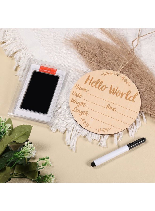 SAVITA Baby Announcement Sign, 5.9 inch Double Side Wooden Birth Announcement Sign with Ink Pad for Baby Hand and Footprints for Hospital Hello World Newborn Announcements - Image 5