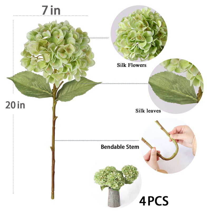 mizii 4Pcs Green Artificial Hydrangea Flowers Large Fake Silk Hydrangea Flower with Leaves Stems Realistic Faux Hydrangeas Decorations for Wedding Table Centerpieces Vase Home Decor (Light Green) - Image 2