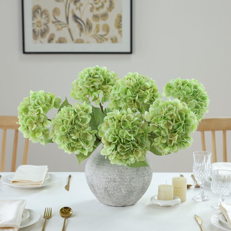 mizii 4Pcs Green Artificial Hydrangea Flowers Large Fake Silk Hydrangea Flower with Leaves Stems Realistic Faux Hydrangeas Decorations for Wedding Table Centerpieces Vase Home Decor (Light Green) - Image 3