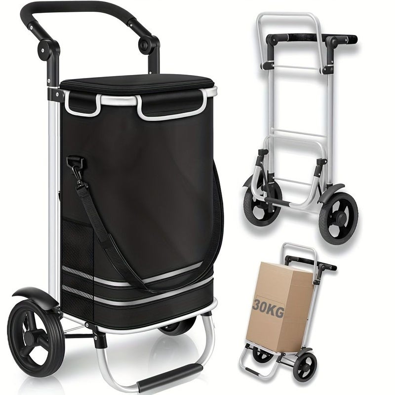Portable Folding Shopping Cart 35 Liters Adjustable Lightweight Aluminum Trolley With Removable Pocket Cooler Silent Wheels - Image 1