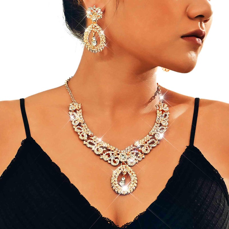 Unicra Rhinestone Gold Indian Jewelry Sets Wedding Bollywood Necklace Earrings Forehead Chain Set Formal Prom Costume Jewelry Set for Women and Brides (Gold) - Image 4