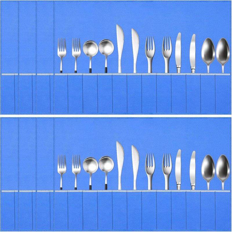 ikaufen 8Pcs Silver Storage Bags Anti Tarnish Flannel Silver Protector Bags Blue Holder for Silverware Flatware Storage Organizer Silver Storage Cloth with White Ribbon for Kitchen Utensils - Image 1