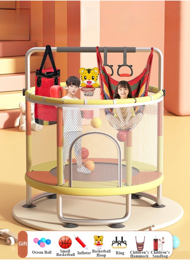 Arababy Trampoline for Kids, Adjustable Baby Toddler Trampoline 140cm Indoor Outdoor Use with Safety Enclosure Net, Foam Handle, Adjustable Gymnastics Bars, Basketball Hoop, Gifts for Boys and Girls  - Image 1