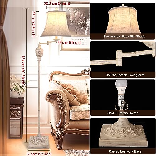 AIDENOEY Traditional LED Floor Lamp with 350° Adjustable Swing Arm Lamp – Vintage Pole lamp Swing arm for Living Room, Bedroom and Office – Rustic Upright Floor Light for Home Décor with Faux Silk Fabric Shade - Image 2