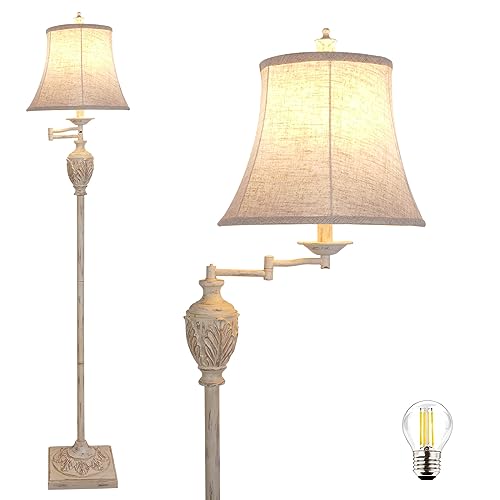 AIDENOEY Traditional LED Floor Lamp with 350° Adjustable Swing Arm Lamp – Vintage Pole lamp Swing arm for Living Room, Bedroom and Office – Rustic Upright Floor Light for Home Décor with Faux Silk Fabric Shade - Image 1