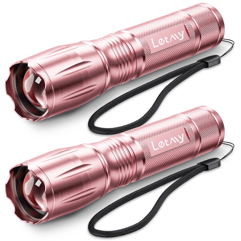 LETMY Tactical Flashlight S2000-2 Pack Bright Military Grade LED Flashlights High Lumens - Portable Handheld Flash Light, 5 Modes Zoomable Waterproof Flashlights for Home Emergency Camping- Pink - Image 1