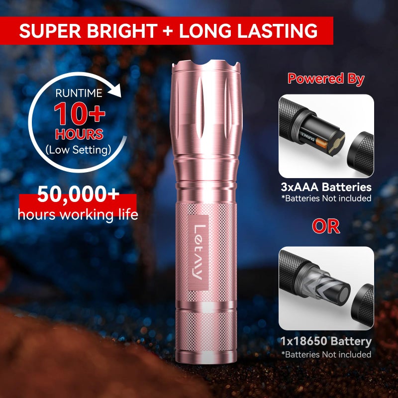 LETMY Tactical Flashlight S2000-2 Pack Bright Military Grade LED Flashlights High Lumens - Portable Handheld Flash Light, 5 Modes Zoomable Waterproof Flashlights for Home Emergency Camping- Pink - Image 3