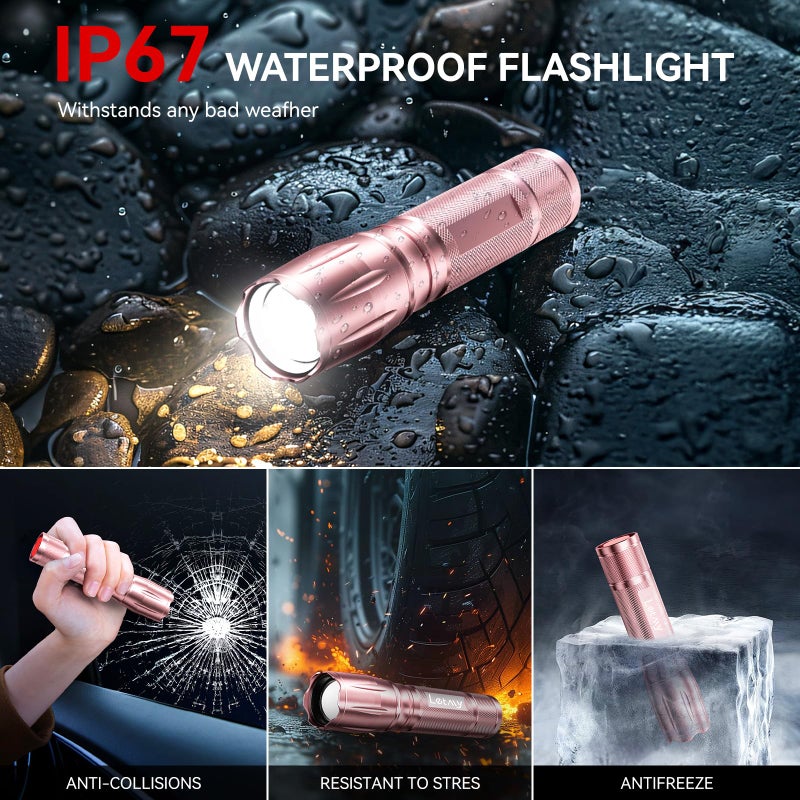 LETMY Tactical Flashlight S2000-2 Pack Bright Military Grade LED Flashlights High Lumens - Portable Handheld Flash Light, 5 Modes Zoomable Waterproof Flashlights for Home Emergency Camping- Pink - Image 5