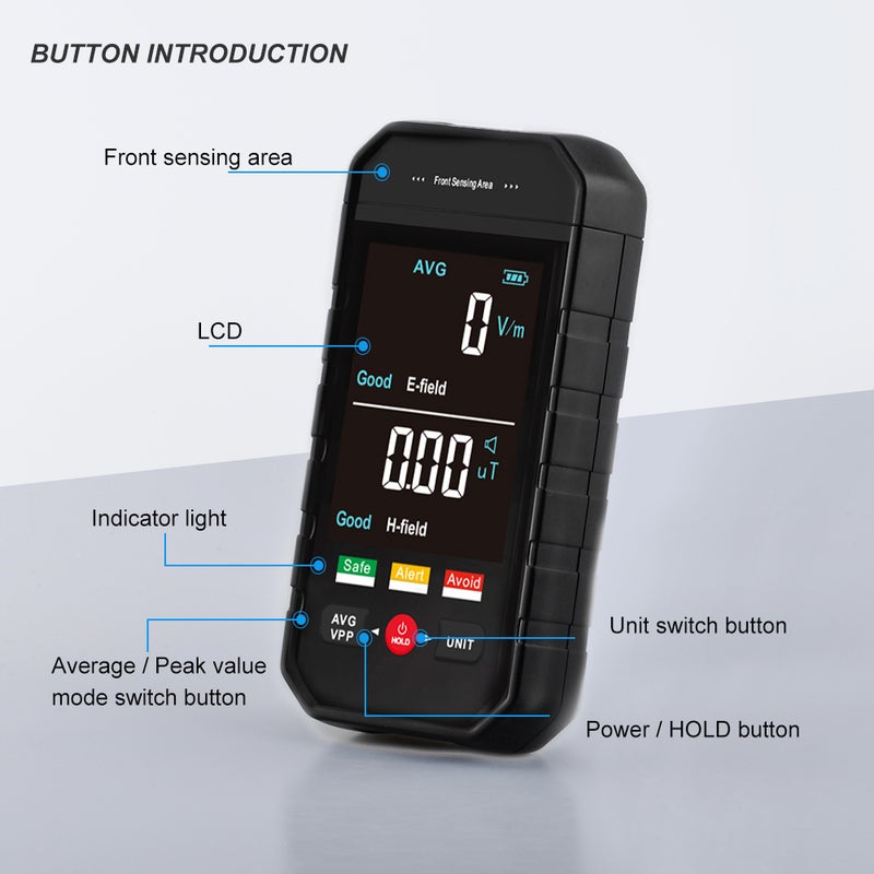 مقياس إشعاع الكهرومغناطيسي المحمول اليدوي ET925PRO بشاشة LCD كبيرة - اختبار مجال الكهرباء ومجال المغناطيسي وإشعاع الكهرومغناطيسي متعدد الوظائف مع وظيفة احتفاظ البيانات وإنذار صوتي وبصري للمنزل والمكتب - Image 4