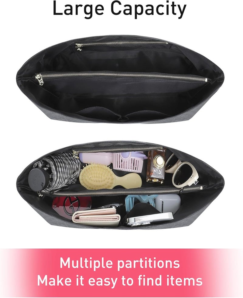 Doxo Black Bag Insert, Practical Handbag Organizer with Zipper, 6 Compartments, 5.7 x 11 x 6 inches, for Lv Neverfull MM, Long Champ Le-pliage GM and More - Image 2