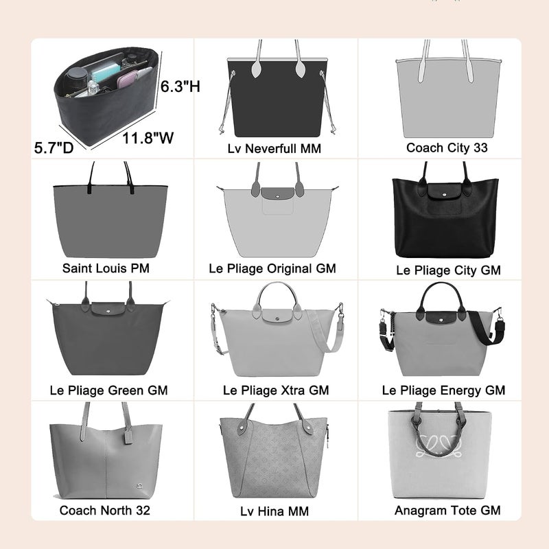 Doxo Black Bag Insert, Practical Handbag Organizer with Zipper, 6 Compartments, 5.7 x 11 x 6 inches, for Lv Neverfull MM, Long Champ Le-pliage GM and More - Image 5