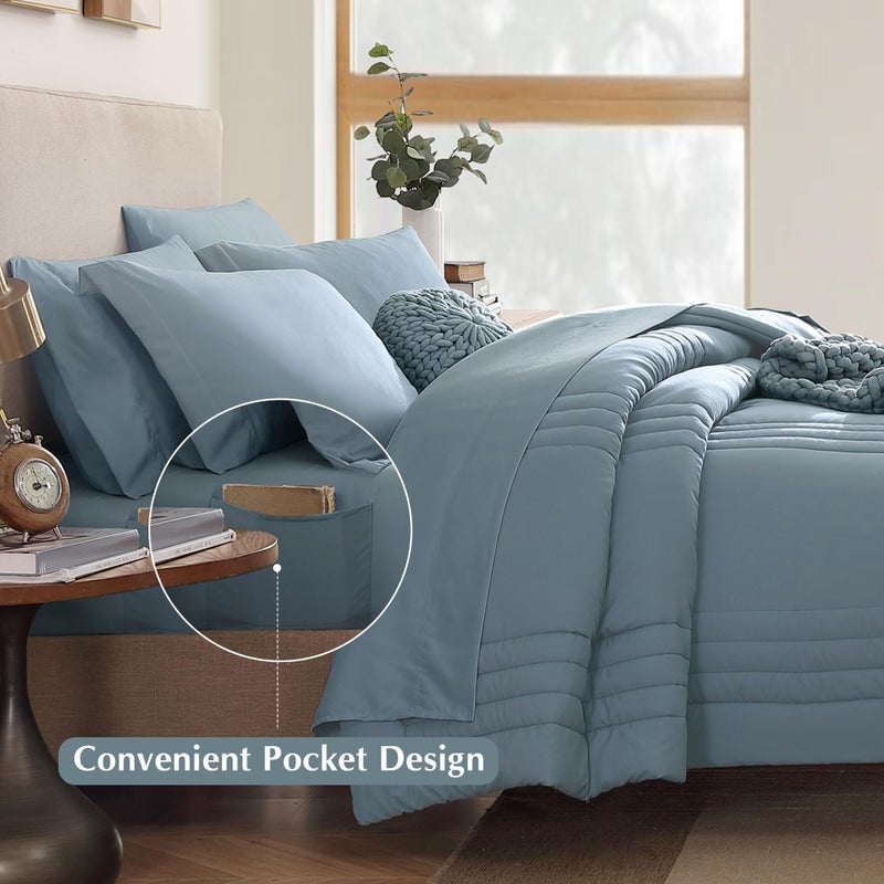 Monbix King Size Comforter Set - 7 Pieces Bed in a Bag King, Dusty Blue Bedding Sets with Comforter, All Seasons Comforter Bed Set with Sheets, Pillowcases & Shams - Image 4