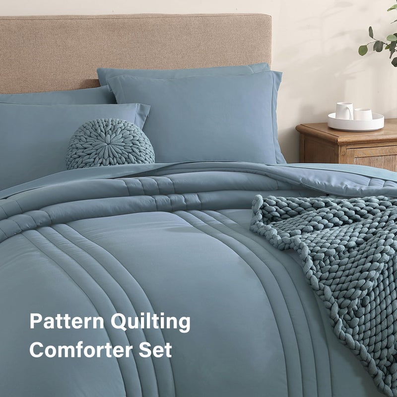 Monbix King Size Comforter Set - 7 Pieces Bed in a Bag King, Dusty Blue Bedding Sets with Comforter, All Seasons Comforter Bed Set with Sheets, Pillowcases & Shams - Image 3