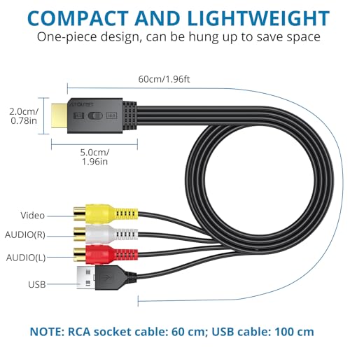 AUTOUTLET محول AUTOUTLET من RCA إلى HDMI مع مفتاح نسبة العرض إلى الارتفاع (4:3/16:9)، 1080P/720P محول فيديو وصوت AV إلى HDMI يدعم PAL/NTSC لجهاز Wii/N64/PS2 - Image 5