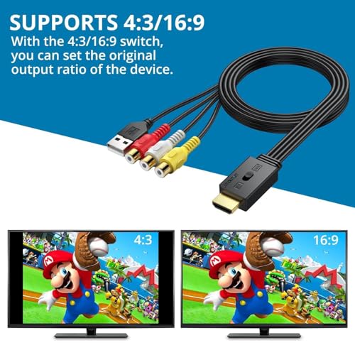 AUTOUTLET محول AUTOUTLET من RCA إلى HDMI مع مفتاح نسبة العرض إلى الارتفاع (4:3/16:9)، 1080P/720P محول فيديو وصوت AV إلى HDMI يدعم PAL/NTSC لجهاز Wii/N64/PS2 - Image 4