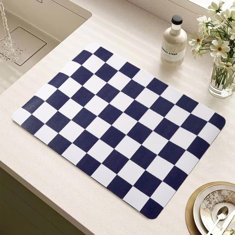 Tinideya Coffee Mat Checkered Dish Drying Mat for Kitchen Counter Coffee Bar Vintage Buffalo Dish Pad Absorbent Kitchen Drying Mat for Bar Station Accessories Easy Clean(Dark Blue,12 x 16 Inches) - Image 1