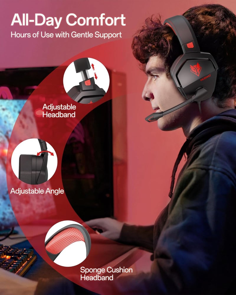 نوبو سماعات ألعاب N16 لأجهزة Xbox، PS5، PS4، PlayStation، PC، Switch، Mac - سماعات فوق الأذن مع ميكروفون، صوت ستيريو، سماعة سلكية لأجهزة Xbox بمقبس صوت 3.5 مم (أسود/أحمر) - Image 4