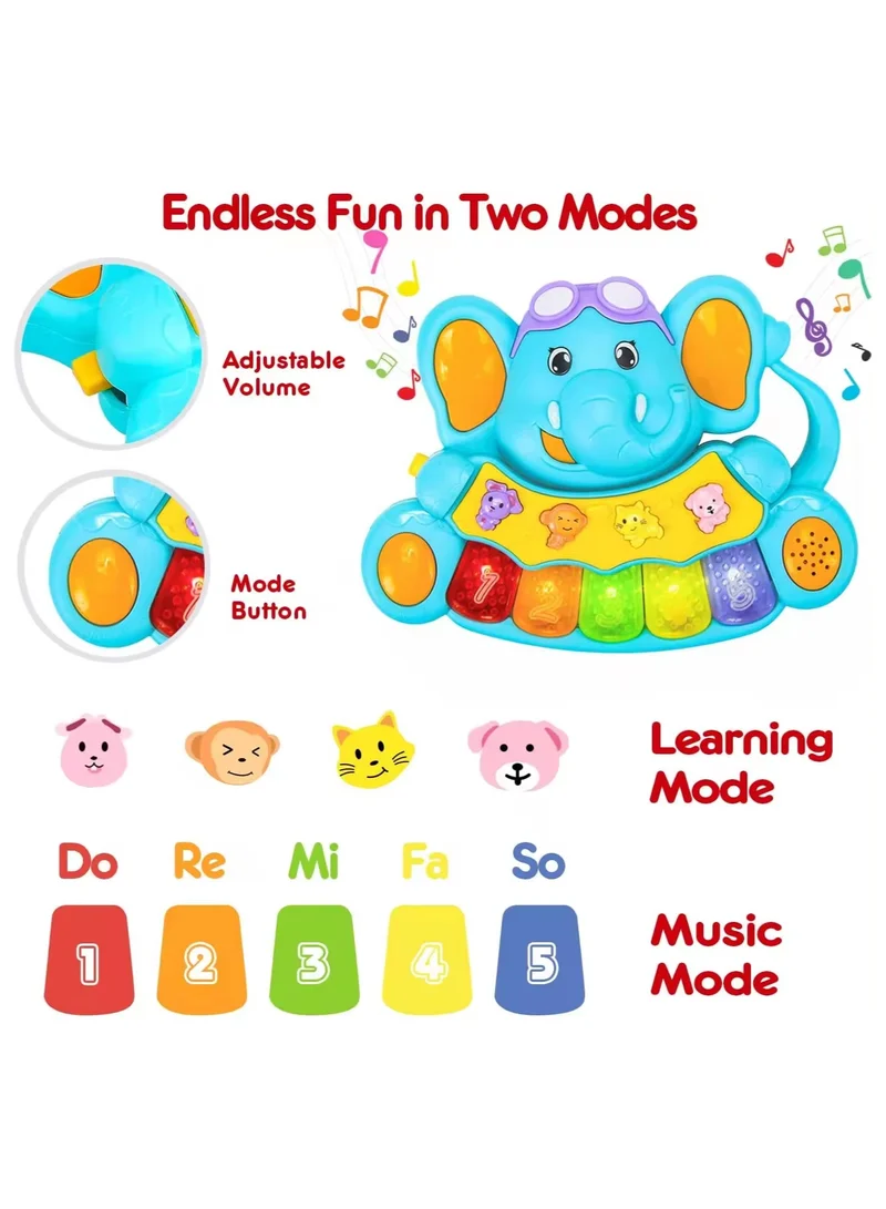 TOOLY Musical Elephant Piano Toy with Lights, Learning &amp; Music Modes for Kids (Size: 16.8 x 4 x 13 Cm)