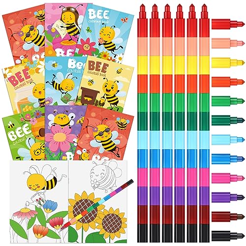 Funrous 24 Sets Bee Coloring Books Bulk with Stackable Crayons Spring Drawing Pages Flower Butterfly Honeycomb Insect Mini Activity Booklets Bee Party Favors Birthday Gift Christmas Goody Bags Fillers - Image 1