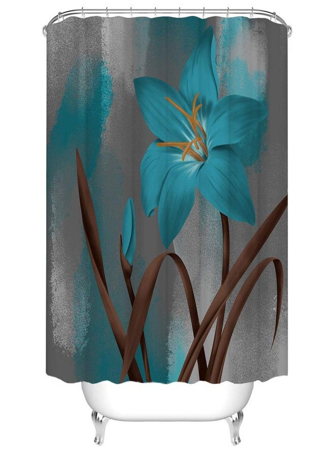 RnnJoile Blue and Brown Shower Curtain Turquoise Lily Teal Flower Bath Curtain Large Single Bold Floral Bathroom Decor with Hooks 72"×72" - Image 5