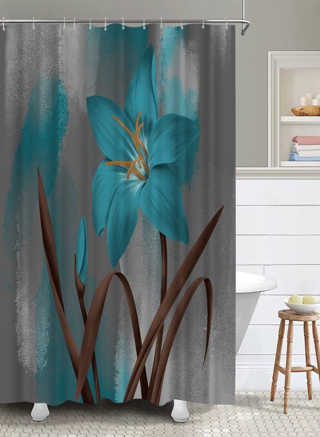 RnnJoile Blue and Brown Shower Curtain Turquoise Lily Teal Flower Bath Curtain Large Single Bold Floral Bathroom Decor with Hooks 72"×72" - Image 3