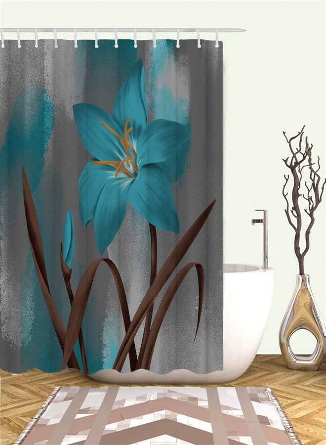RnnJoile Blue and Brown Shower Curtain Turquoise Lily Teal Flower Bath Curtain Large Single Bold Floral Bathroom Decor with Hooks 72"×72" - Image 2