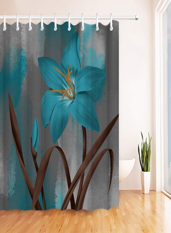 RnnJoile Blue and Brown Shower Curtain Turquoise Lily Teal Flower Bath Curtain Large Single Bold Floral Bathroom Decor with Hooks 72"×72" - Image 1