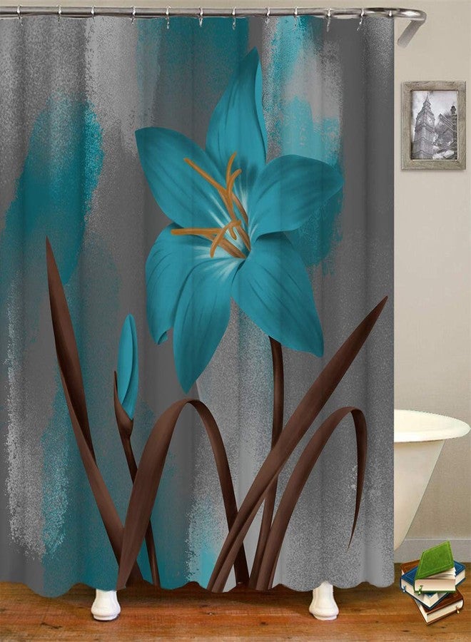 RnnJoile Blue and Brown Shower Curtain Turquoise Lily Teal Flower Bath Curtain Large Single Bold Floral Bathroom Decor with Hooks 72"×72" - Image 4