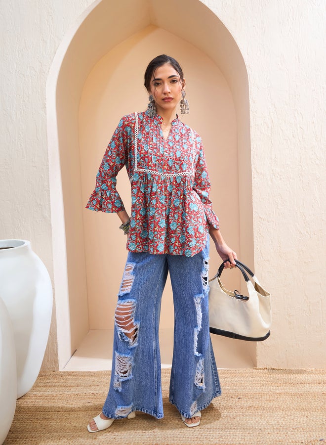 SASSAFRAS Red Floral Front Pintuck Kurti - Image 2