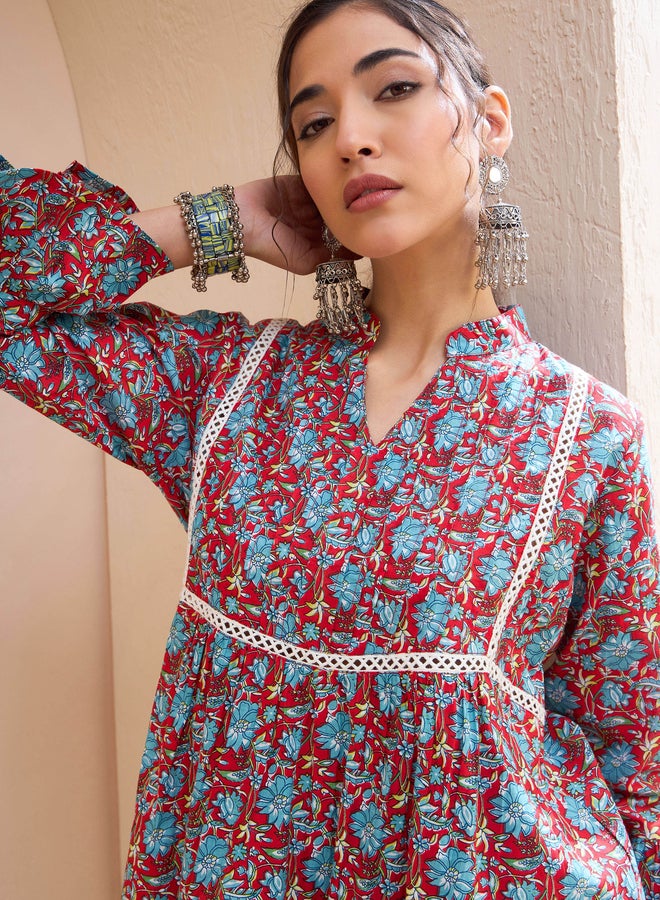 SASSAFRAS Red Floral Front Pintuck Kurti - Image 4